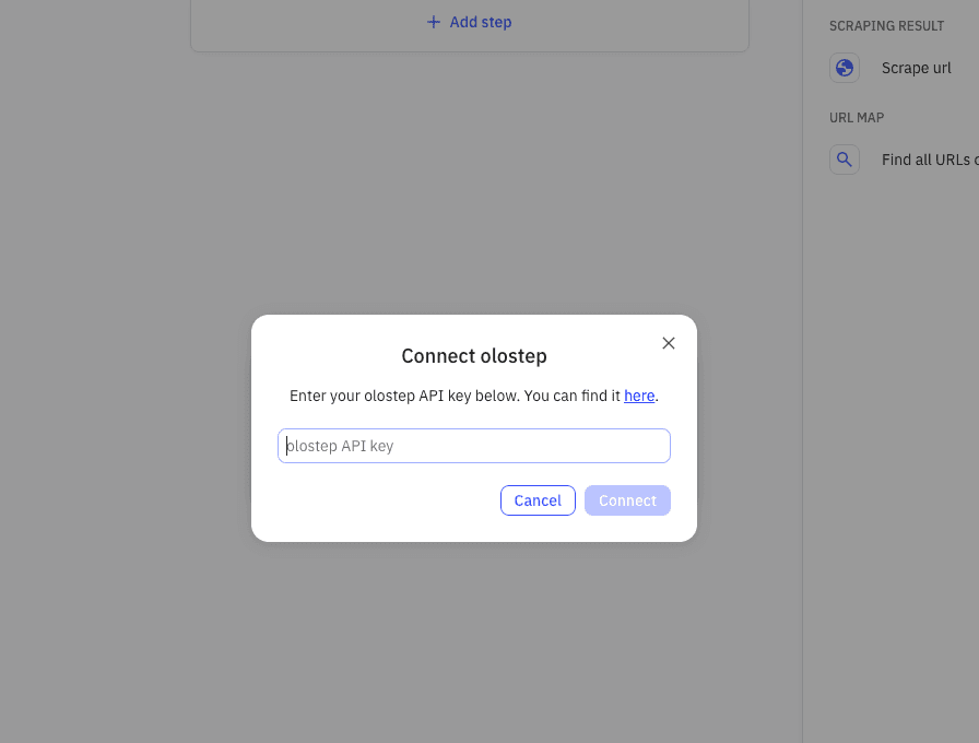 Relay account connection modal with Olostep API key field