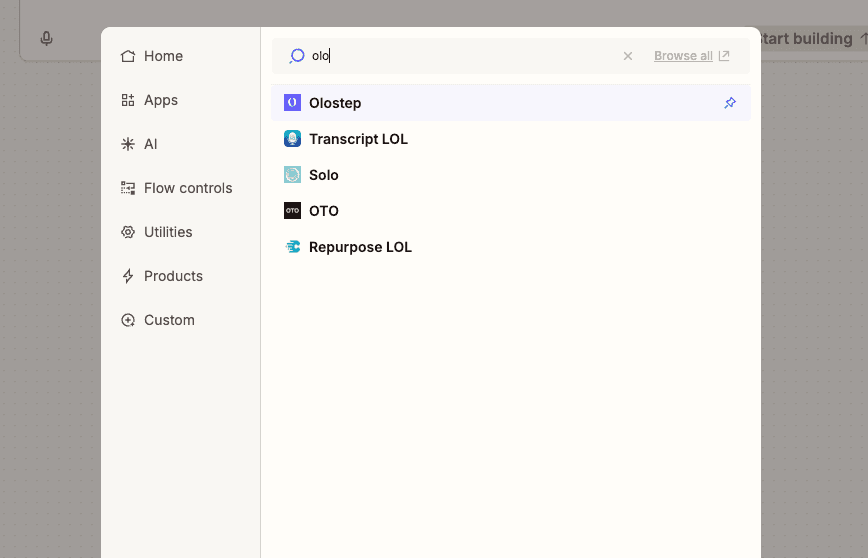 Search for Olostep in the Zapier action picker
