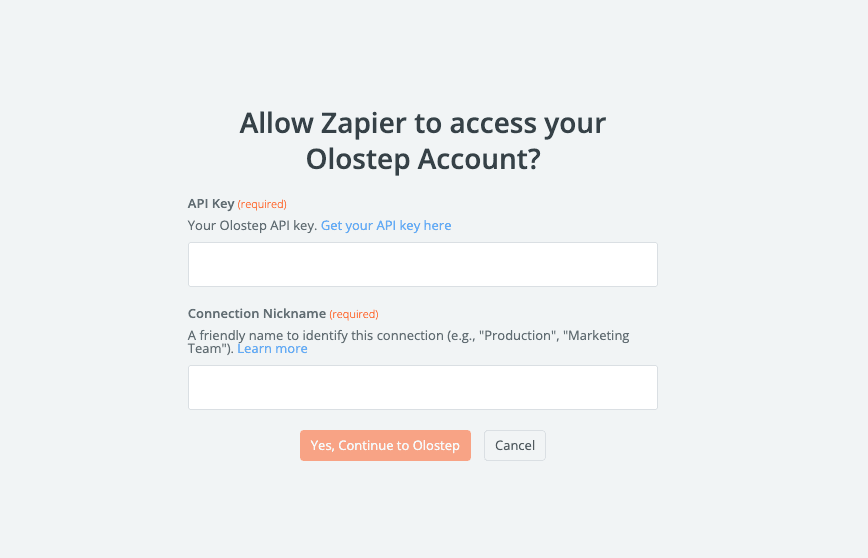 Olostep account connection screen in Zapier with API key field