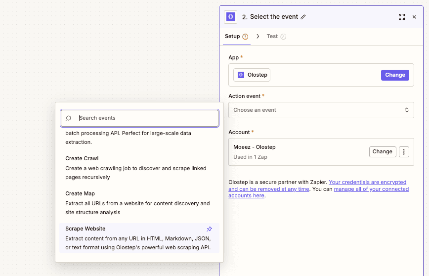 Olostep action dropdown in Zapier showing available actions