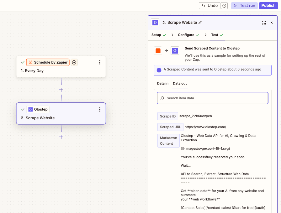 Zapier test step result and publish flow
