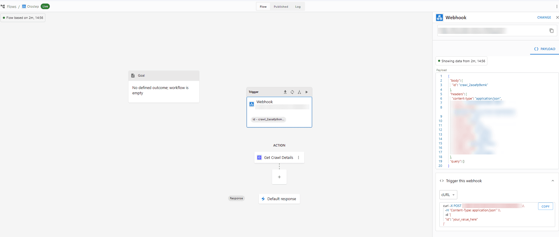 viaSocket-Flow mit ausgewähltem Webhook-Trigger und angezeigter Payload