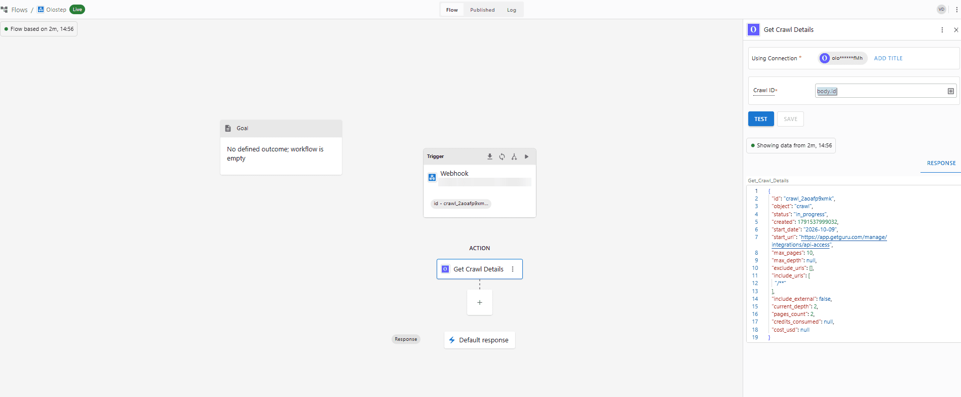 viaSocket-Flow mit hinzugefügter Olostep-Aktion „Get Crawl Details“