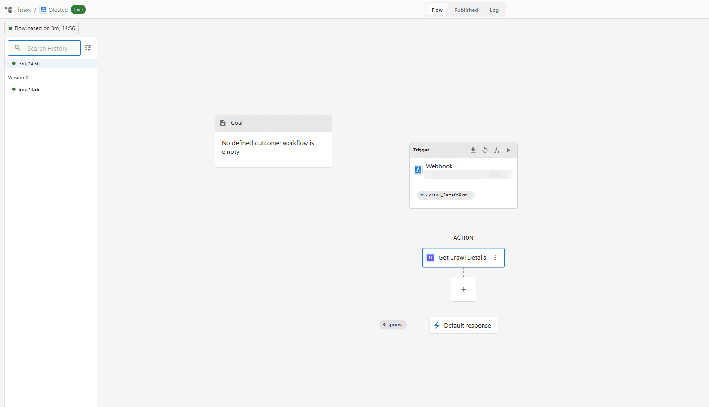 Veröffentlichter viaSocket-Flow mit Status „Live“ und Ausführungsverlauf