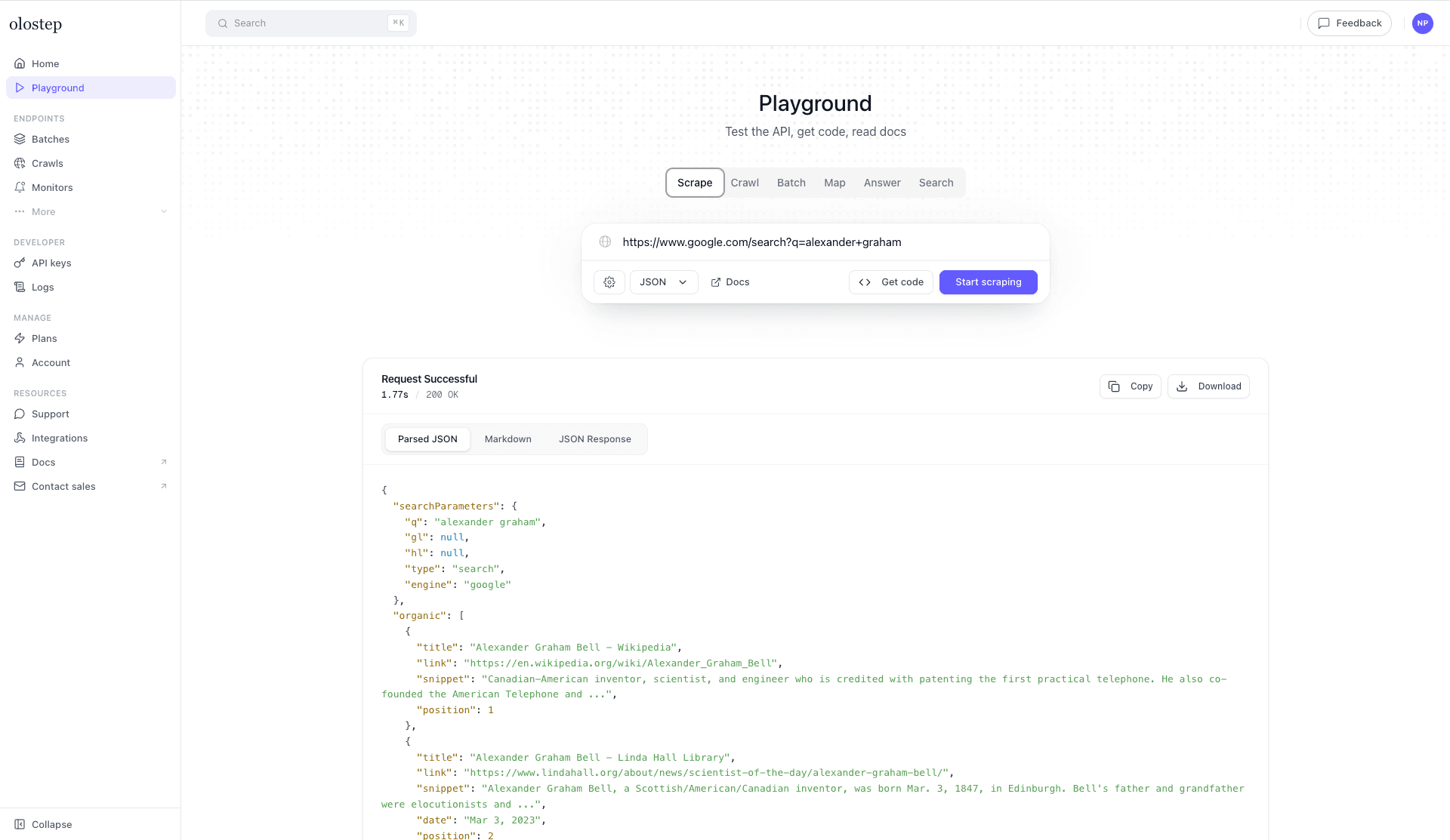 Olostep Playground scraping a URL with JSON results